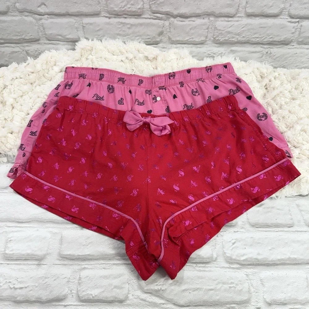 PINK Victoria's Secret Flannel Pajama Lounge Shorts Red Pink All Over Print Logo